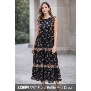 J.Crew Tiered Floral Midi Dress Black Ruffle Sleeveless Occasion Dress NWT 14
